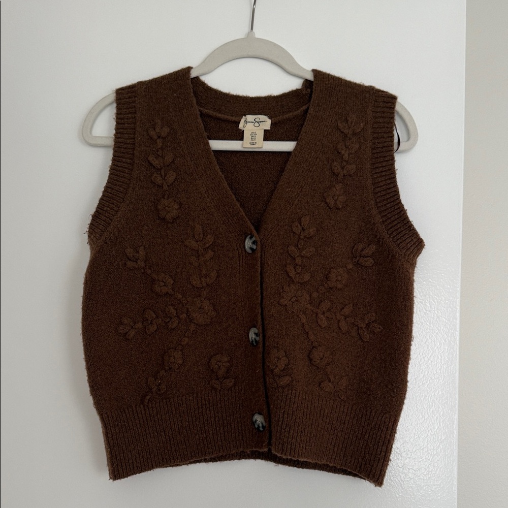 Jessica Simpson Brown Floral Knit Button-Up Vest